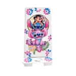 Porta Celular Lilo Stitch brillante con diseño de Lilo, Stitch y Ángel rodeados de flores de colores.