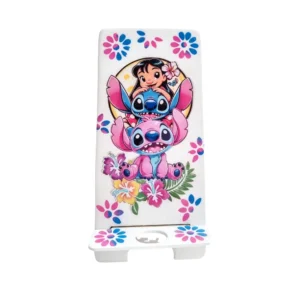 Porta Celular Lilo Stitch brillante con diseño de Lilo, Stitch y Ángel rodeados de flores de colores.