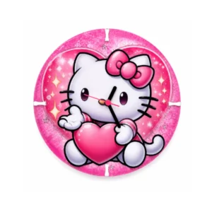 Reloj de pared Hello Kitty de diseño artesanal en tonos rosados brillantes, fabricado en madera MDF y encapsulado en resina transparente.