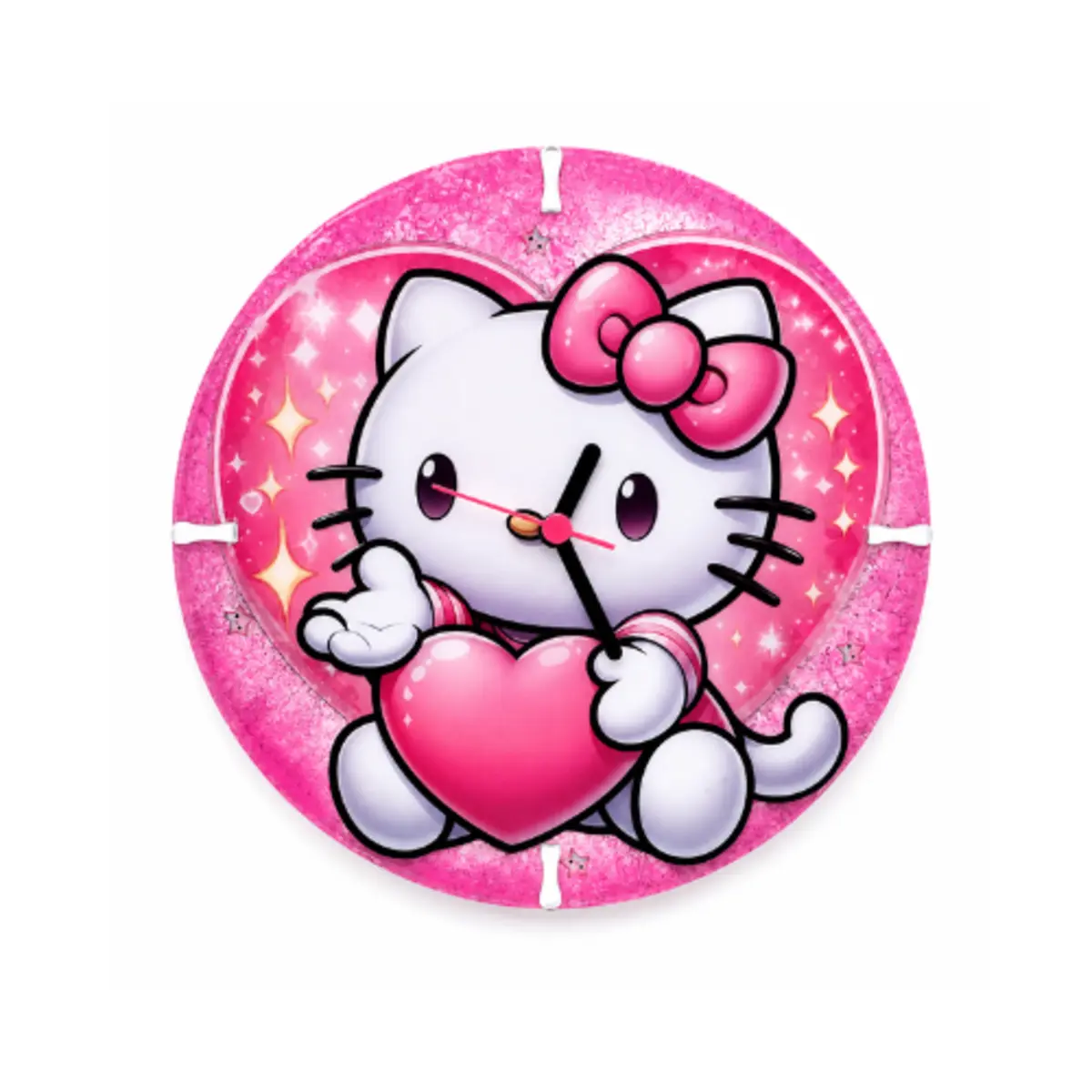 Reloj de pared Hello Kitty de diseño artesanal en tonos rosados brillantes, fabricado en madera MDF y encapsulado en resina transparente.